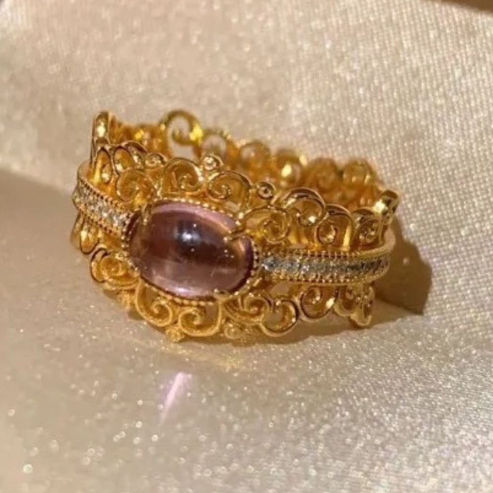 Bague ajustable classique en or et cristal filigrané avec pierre précieuse ovale violette - Lydieannejewelry
