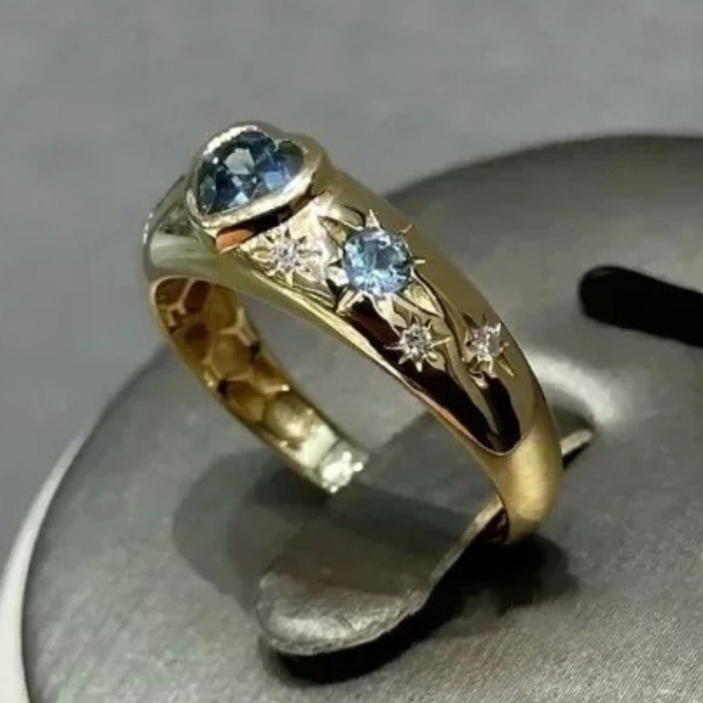 Bague ajustable vintage en or avec pierre précieuse bleu océan en forme de cœur et d'étoile - Lydieannejewelry