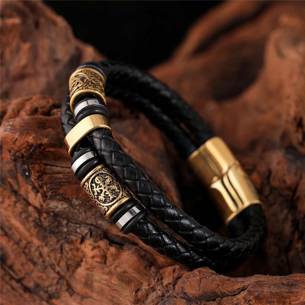 Bracelet en cuir tressé noir et breloques dorées - Lydieannejewelry