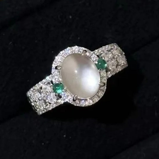 Bague ajustable rétro en argent blanc et pierre précieuse verte Moonstone - Lydieannejewelry