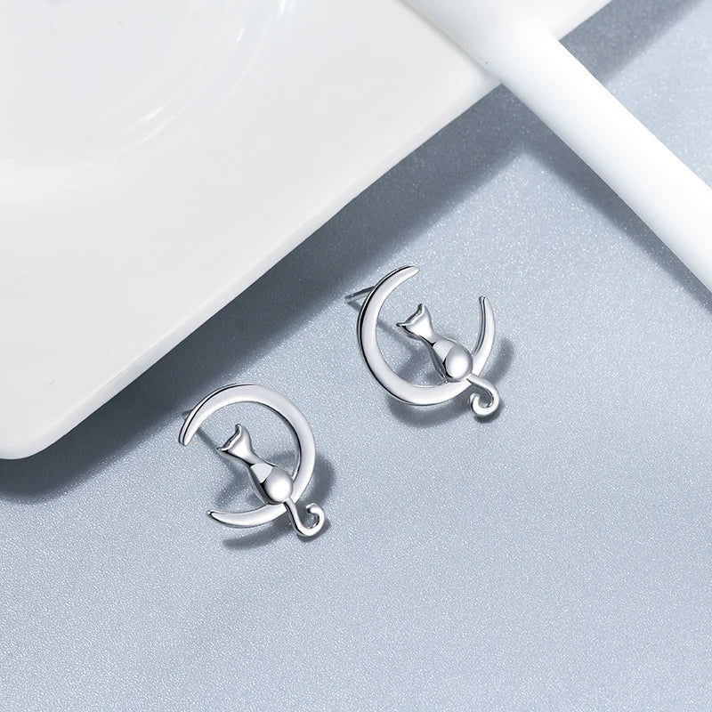 Boucles d'oreilles chat en argent sterling Moon & Cat