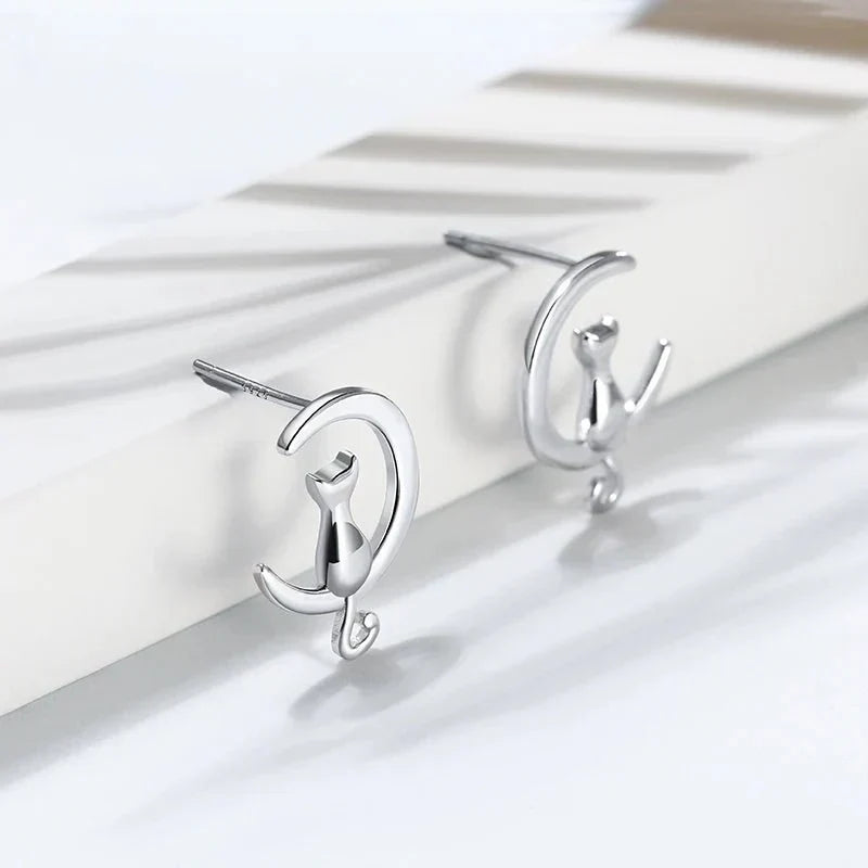 Boucles d'oreilles chat en argent sterling Moon & Cat