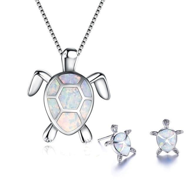 Ensemble collier et boucles d'oreilles tortue de mer en opale et argent