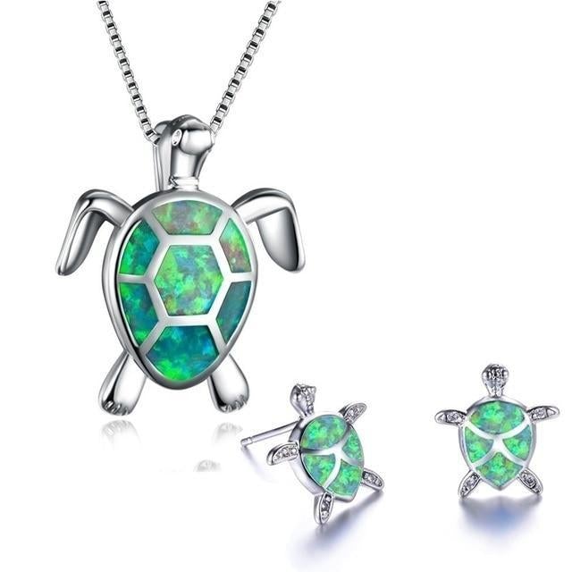 Ensemble collier et boucles d'oreilles tortue de mer en opale et argent