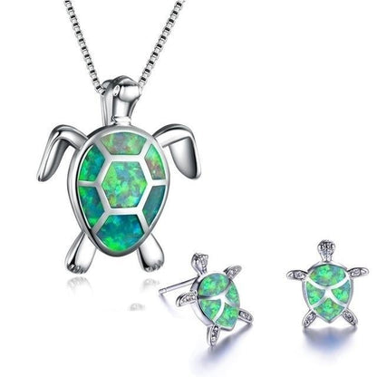 Ensemble collier et boucles d'oreilles tortue de mer en opale et argent