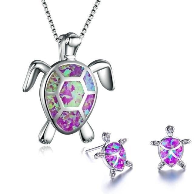 Ensemble collier et boucles d'oreilles tortue de mer en opale et argent