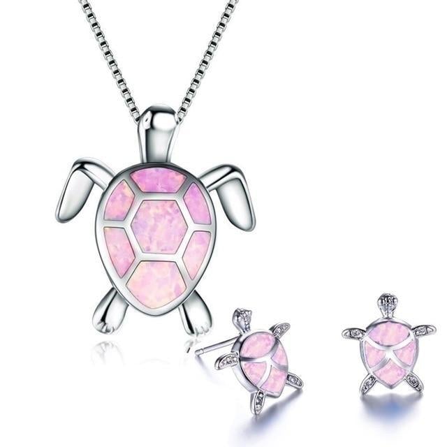 Ensemble collier et boucles d'oreilles tortue de mer en opale et argent