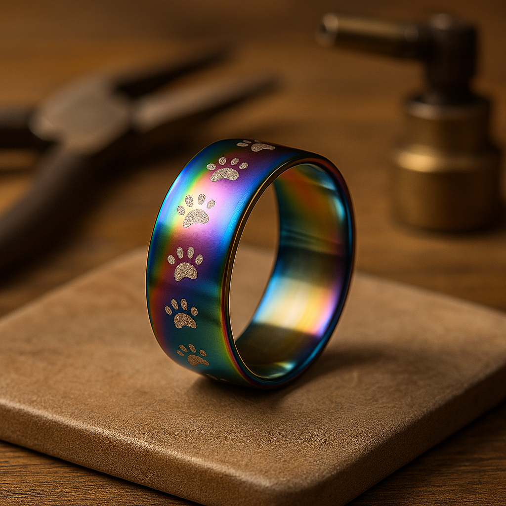 Bague artisanale en acier inoxydable avec empreinte de patte arc-en-ciel