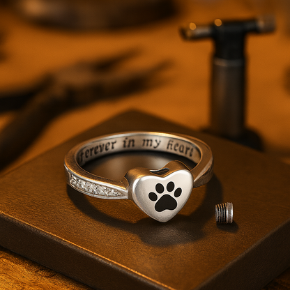 Bague urne avec motif cœur et empreinte de patte – Bijoux commémoratifs pour animaux de compagnie