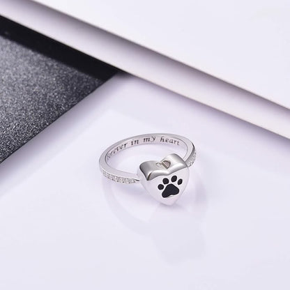 Bague urne avec motif cœur et empreinte de patte – Bijoux commémoratifs pour animaux de compagnie