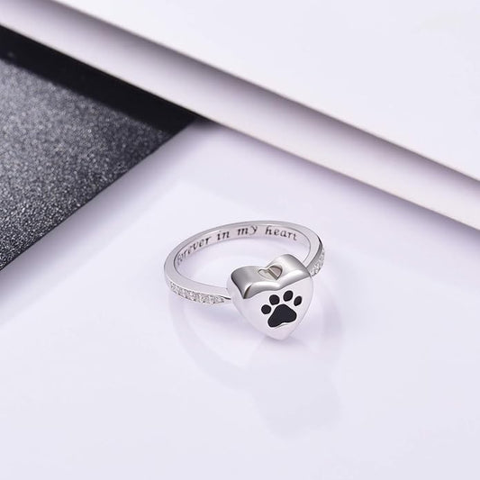 Bague urne avec motif cœur et empreinte de patte – Bijoux commémoratifs pour animaux de compagnie