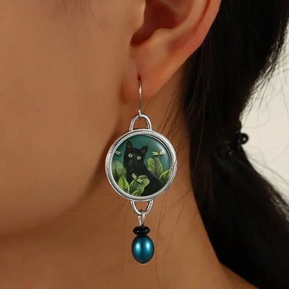 Boucles d'oreilles pendantes vintage tropicales avec chat noir