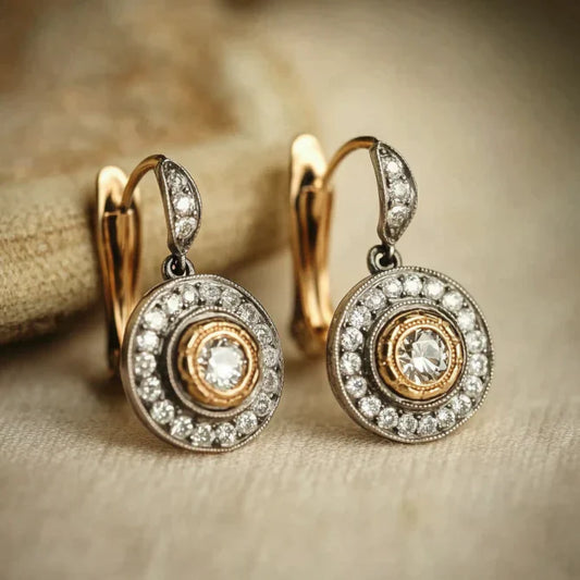 Boucles d'oreilles vintage en zircone arrondie, or et argent